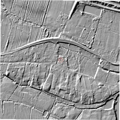 Shaded relief map of the ground around DE737NA, computed from Environment Agency LiDAR. The ground here sits at about 39 m above sea level and falls 11 m across the surrounding 800 m. Surface water reaching this point runs off ground lying to the west-south-west, 3.8 m higher.