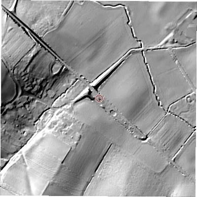 Shaded relief map of the ground around DE738AG, computed from Environment Agency LiDAR. The ground here sits at about 51 m above sea level and falls 23 m across the surrounding 800 m. Surface water reaching this point runs off ground lying to the south-south-west, 7.7 m higher.