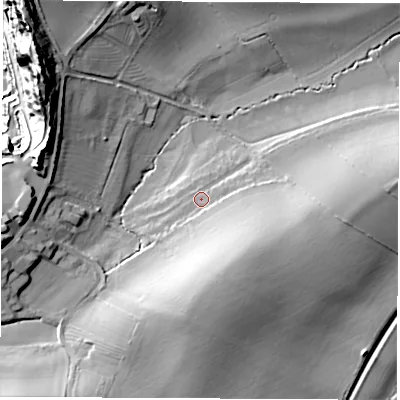 Shaded relief map of the ground around DE738AL, computed from Environment Agency LiDAR. The ground here sits at about 66 m above sea level and falls 55 m across the surrounding 800 m. Surface water reaching this point runs off ground lying to the south-south-east, 14.4 m higher.