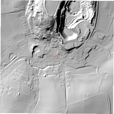 Shaded relief map of the ground around DE738AN, computed from Environment Agency LiDAR. The ground here sits at about 70 m above sea level and falls 87 m across the surrounding 800 m. Surface water reaching this point runs off ground lying to the north-north-west, 55.8 m higher.