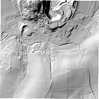 Shaded relief map of the ground around DE738AR, computed from Environment Agency LiDAR. The ground here sits at about 70 m above sea level and falls 73 m across the surrounding 800 m. Surface water reaching this point runs off ground lying to the south-south-west, 20.7 m higher.