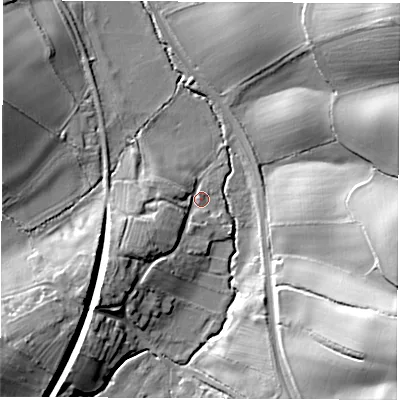 Shaded relief map of the ground around DE738BB, computed from Environment Agency LiDAR. The ground here sits at about 56 m above sea level and falls 30 m across the surrounding 800 m. Surface water reaching this point runs off ground lying to the south-west, 9.7 m higher.