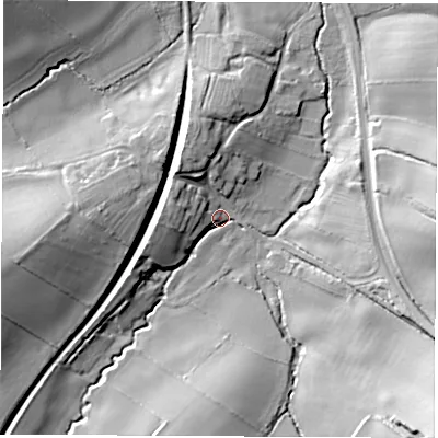 Shaded relief map of the ground around DE738BD, computed from Environment Agency LiDAR. The ground here sits at about 57 m above sea level and falls 30 m across the surrounding 800 m. Surface water reaching this point runs off ground lying to the south-east, 29.1 m higher.