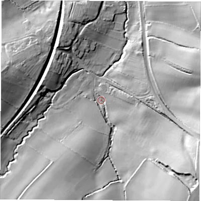 Shaded relief map of the ground around DE738BE, computed from Environment Agency LiDAR. The ground here sits at about 57 m above sea level and falls 38 m across the surrounding 800 m. Surface water reaching this point runs off ground lying to the south-east, 35.5 m higher.