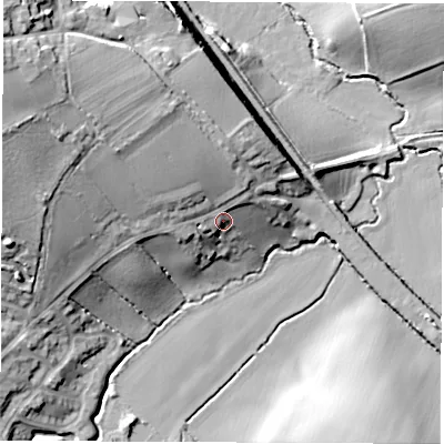 Shaded relief map of the ground around DE738BQ, computed from Environment Agency LiDAR. The ground here sits at about 48 m above sea level and falls 26 m across the surrounding 800 m. Surface water reaching this point runs off ground lying to the north-west, 9.8 m higher.