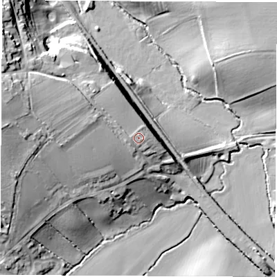 Shaded relief map of the ground around DE738BS, computed from Environment Agency LiDAR. The ground here sits at about 52 m above sea level and falls 26 m across the surrounding 800 m. Surface water reaching this point runs off ground lying to the west, 2.1 m higher.