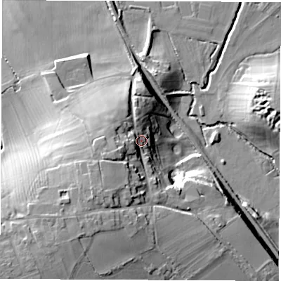 Shaded relief map of the ground around DE738BT, computed from Environment Agency LiDAR. The ground here sits at about 53 m above sea level and falls 31 m across the surrounding 800 m. Surface water reaching this point runs off ground lying to the west, 8.2 m higher.