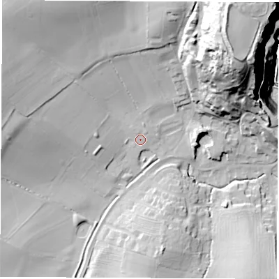Shaded relief map of the ground around DE738LF, computed from Environment Agency LiDAR. The ground here sits at about 75 m above sea level and falls 78 m across the surrounding 800 m. Surface water reaching this point runs off ground lying to the west, 7.2 m higher.