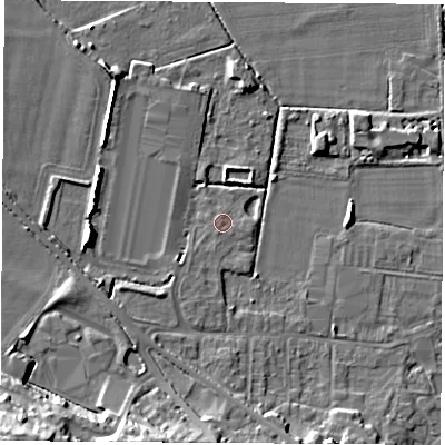 Shaded relief map of the ground around DE742AA, computed from Environment Agency LiDAR. The ground here sits at about 32 m above sea level and falls 23 m across the surrounding 800 m. Surface water reaching this point runs off ground lying to the east, 0.7 m higher.