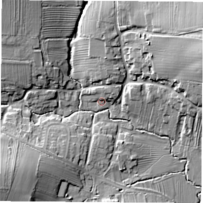 Shaded relief map of the ground around DE742AE, computed from Environment Agency LiDAR. The ground here sits at about 57 m above sea level and falls 23 m across the surrounding 800 m. Surface water reaching this point runs off ground lying to the north-north-east, 4.6 m higher.