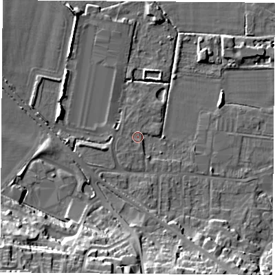 Shaded relief map of the ground around DE742AG, computed from Environment Agency LiDAR. The ground here sits at about 32 m above sea level and falls 31 m across the surrounding 800 m. Surface water reaching this point runs off ground lying to the south-south-west, 1.5 m higher.