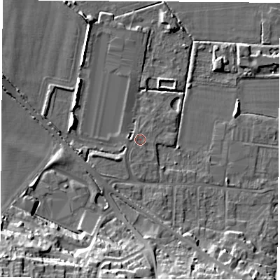 Shaded relief map of the ground around DE742AQ, computed from Environment Agency LiDAR. The ground here sits at about 33 m above sea level and falls 29 m across the surrounding 800 m. Surface water reaching this point runs off ground lying to the south, 0.7 m higher.