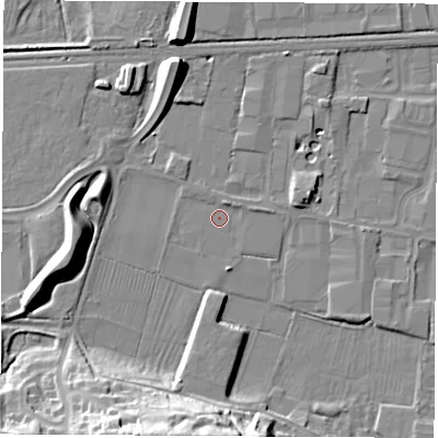 Shaded relief map of the ground around DE742AT, computed from Environment Agency LiDAR. The ground here sits at about 33 m above sea level and falls 26 m across the surrounding 800 m. Surface water reaching this point runs off ground lying to the north-north-east, 1.4 m higher.