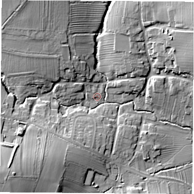 Shaded relief map of the ground around DE742AX, computed from Environment Agency LiDAR. The ground here sits at about 57 m above sea level and falls 22 m across the surrounding 800 m. Surface water reaching this point runs off ground lying to the south-west, 20.2 m higher.