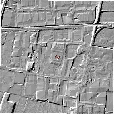 Shaded relief map of the ground around DE742BA, computed from Environment Agency LiDAR. The ground here sits at about 34 m above sea level and falls 9 m across the surrounding 800 m. The ground contributing surface water to this point lies to the north-north-east.