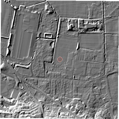 Shaded relief map of the ground around DE742BT, computed from Environment Agency LiDAR. The ground here sits at about 31 m above sea level and falls 25 m across the surrounding 800 m. Surface water reaching this point runs off ground lying to the south-south-west, 1.1 m higher.