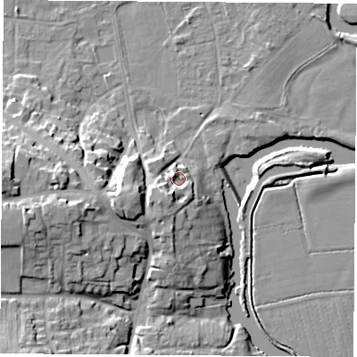 Shaded relief map of the ground around DE742EJ, computed from Environment Agency LiDAR. The ground here sits at about 37 m above sea level and falls 22 m across the surrounding 800 m. Surface water reaching this point runs off ground lying to the south-south-west, 6.4 m higher.