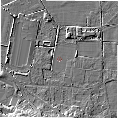 Shaded relief map of the ground around DE742EQ, computed from Environment Agency LiDAR. The ground here sits at about 31 m above sea level and falls 19 m across the surrounding 800 m. Surface water reaching this point runs off ground lying to the south-south-west, 1.1 m higher.
