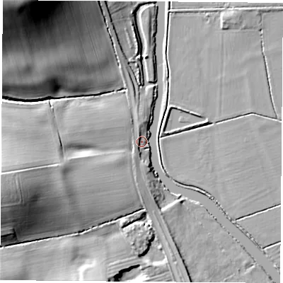 Shaded relief map of the ground around DE742EY, computed from Environment Agency LiDAR. The ground here sits at about 34 m above sea level and falls 32 m across the surrounding 800 m. Surface water reaching this point runs off ground lying to the south, 4.7 m higher.
