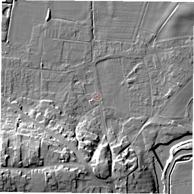 Shaded relief map of the ground around DE742FH, computed from Environment Agency LiDAR. The ground here sits at about 32 m above sea level and falls 23 m across the surrounding 800 m. Surface water reaching this point runs off ground lying to the south-south-east, 2.6 m higher.