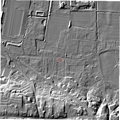 Shaded relief map of the ground around DE742FJ, computed from Environment Agency LiDAR. The ground here sits at about 32 m above sea level and falls 30 m across the surrounding 800 m. Surface water reaching this point runs off ground lying to the south-west, 27.4 m higher.