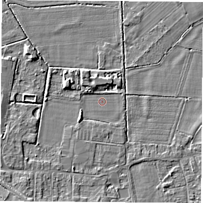 Shaded relief map of the ground around DE742FL, computed from Environment Agency LiDAR. The ground here sits at about 31 m above sea level and falls 7 m across the surrounding 800 m. Surface water reaching this point runs off ground lying to the south-west, 4.7 m higher.