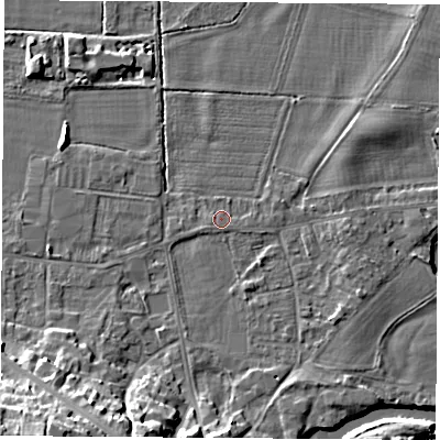 Shaded relief map of the ground around DE742FQ, computed from Environment Agency LiDAR. The ground here sits at about 32 m above sea level and falls 19 m across the surrounding 800 m. Surface water reaching this point runs off ground lying to the west-north-west, 0.6 m higher.