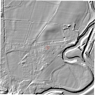 Shaded relief map of the ground around DE742FR, computed from Environment Agency LiDAR. The ground here sits at about 33 m above sea level and falls 12 m across the surrounding 800 m. Surface water reaching this point runs off ground lying to the west-south-west, 0.9 m higher.