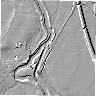 Shaded relief map of the ground around DE742FS, computed from Environment Agency LiDAR. The ground here sits at about 32 m above sea level and falls 9 m across the surrounding 800 m. Surface water reaching this point runs off ground lying to the south-west, 3.2 m higher.