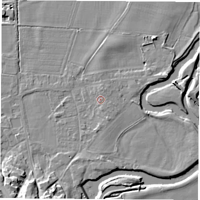 Shaded relief map of the ground around DE742FT, computed from Environment Agency LiDAR. The ground here sits at about 33 m above sea level and falls 16 m across the surrounding 800 m. Surface water reaching this point runs off ground lying to the north-north-east, 1.1 m higher.