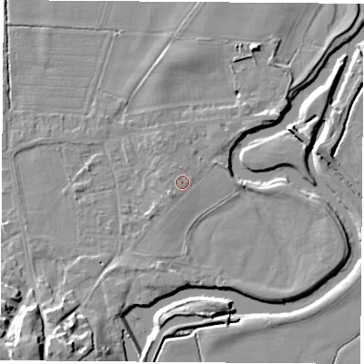 Shaded relief map of the ground around DE742FW, computed from Environment Agency LiDAR. The ground here sits at about 33 m above sea level and falls 17 m across the surrounding 800 m. Surface water reaching this point runs off ground lying to the south-west, 1.3 m higher.
