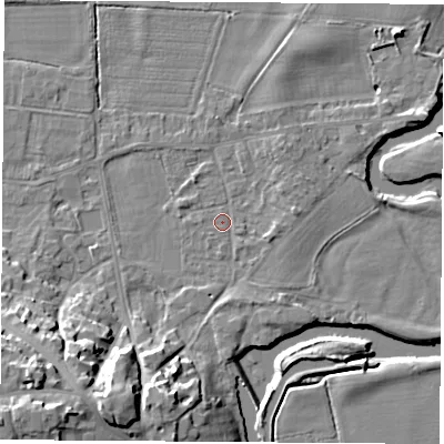 Shaded relief map of the ground around DE742FX, computed from Environment Agency LiDAR. The ground here sits at about 32 m above sea level and falls 19 m across the surrounding 800 m. Surface water reaching this point runs off ground lying to the south-east, 0.9 m higher.