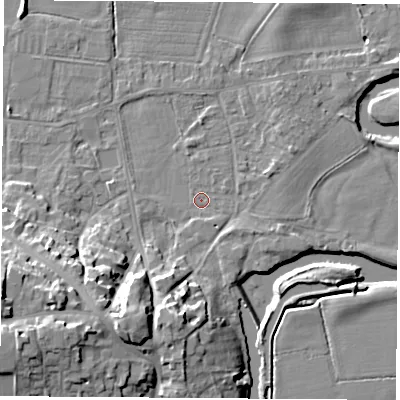 Shaded relief map of the ground around DE742FY, computed from Environment Agency LiDAR. The ground here sits at about 32 m above sea level and falls 19 m across the surrounding 800 m. Surface water reaching this point runs off ground lying to the south-south-west, 9.7 m higher.