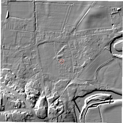 Shaded relief map of the ground around DE742FZ, computed from Environment Agency LiDAR. The ground here sits at about 32 m above sea level and falls 19 m across the surrounding 800 m. Surface water reaching this point runs off ground lying to the north-north-west, 0.9 m higher.