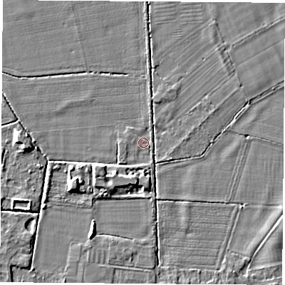 Shaded relief map of the ground around DE742GA, computed from Environment Agency LiDAR. The ground here sits at about 31 m above sea level and falls 6 m across the surrounding 800 m. Surface water reaching this point runs off ground lying to the south-west, 1.2 m higher.