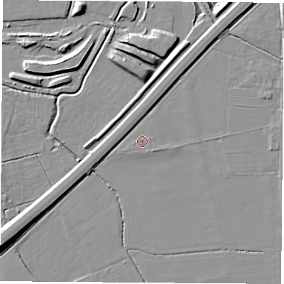 Shaded relief map of the ground around DE742GB, computed from Environment Agency LiDAR. The ground here sits at about 31 m above sea level and falls 12 m across the surrounding 800 m. Surface water reaching this point runs off ground lying to the south-east, 0.8 m higher.
