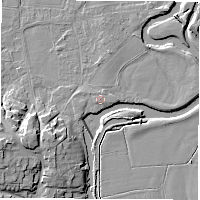 Shaded relief map of the ground around DE742GD, computed from Environment Agency LiDAR. The ground here sits at about 34 m above sea level and falls 18 m across the surrounding 800 m. Surface water reaching this point runs off ground lying to the north, 0.6 m higher.