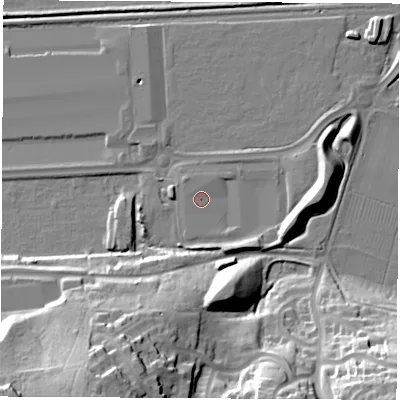 Shaded relief map of the ground around DE742HJ, computed from Environment Agency LiDAR. The ground here sits at about 35 m above sea level and falls 32 m across the surrounding 800 m. Surface water reaching this point runs off ground lying to the east, 8.0 m higher.