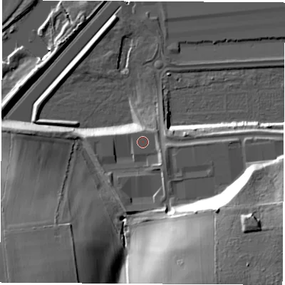 Shaded relief map of the ground around DE742HL, computed from Environment Agency LiDAR. The ground here sits at about 43 m above sea level and falls 37 m across the surrounding 800 m. Surface water reaching this point runs off ground lying to the east-south-east, 2.0 m higher.
