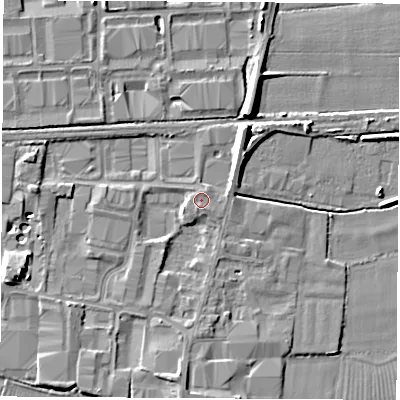 Shaded relief map of the ground around DE742HZ, computed from Environment Agency LiDAR. The ground here sits at about 34 m above sea level and falls 9 m across the surrounding 800 m. Surface water reaching this point runs off ground lying to the south-south-west, 0.6 m higher.