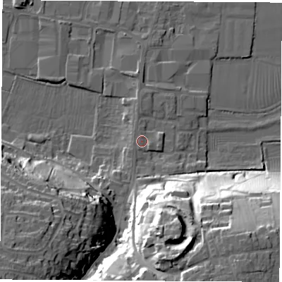 Shaded relief map of the ground around DE742NJ, computed from Environment Agency LiDAR. The ground here sits at about 36 m above sea level and falls 36 m across the surrounding 800 m. Surface water reaching this point runs off ground lying to the south-west, 30.9 m higher.