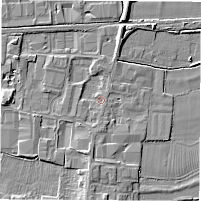 Shaded relief map of the ground around DE742NL, computed from Environment Agency LiDAR. The ground here sits at about 33 m above sea level and falls 9 m across the surrounding 800 m. Surface water reaching this point runs off ground lying to the south, 1.3 m higher.