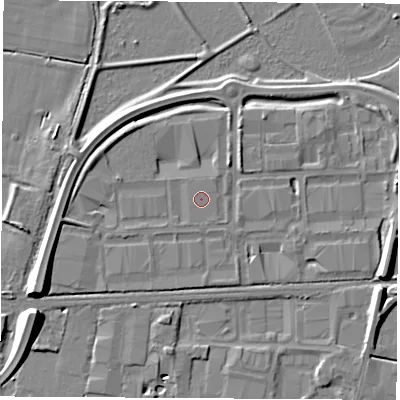 Shaded relief map of the ground around DE742NN, computed from Environment Agency LiDAR. The ground here sits at about 34 m above sea level and falls 11 m across the surrounding 800 m. The ground contributing surface water to this point lies to the south-south-west.