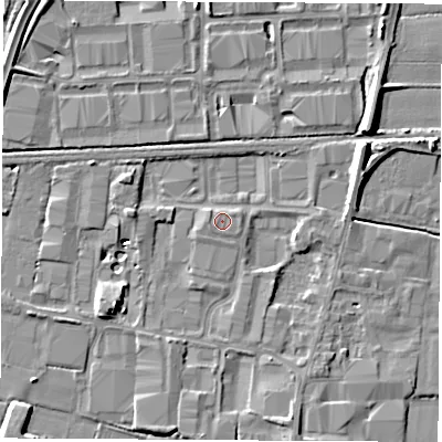 Shaded relief map of the ground around DE742NP, computed from Environment Agency LiDAR. The ground here sits at about 34 m above sea level and falls 9 m across the surrounding 800 m. Surface water reaching this point runs off ground lying to the east-north-east, 6.6 m higher.