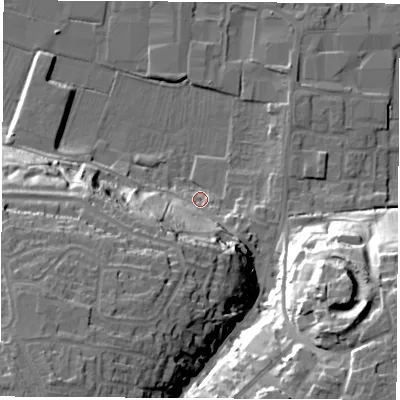 Shaded relief map of the ground around DE742NQ, computed from Environment Agency LiDAR. The ground here sits at about 35 m above sea level and falls 37 m across the surrounding 800 m. Surface water reaching this point runs off ground lying to the south-south-west, 23.3 m higher.