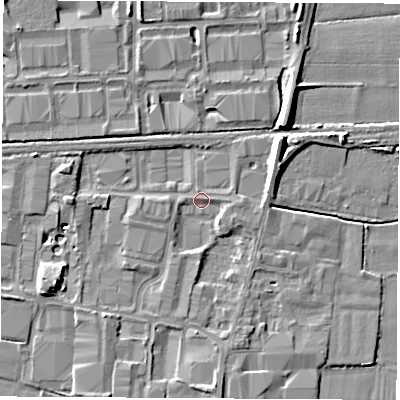 Shaded relief map of the ground around DE742NW, computed from Environment Agency LiDAR. The ground here sits at about 33 m above sea level and falls 9 m across the surrounding 800 m. Surface water reaching this point runs off ground lying to the north-east, 6.5 m higher.