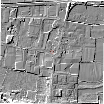 Shaded relief map of the ground around DE742NX, computed from Environment Agency LiDAR. The ground here sits at about 33 m above sea level and falls 26 m across the surrounding 800 m. Surface water reaching this point runs off ground lying to the south-south-east, 1.2 m higher.