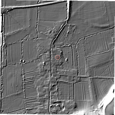 Shaded relief map of the ground around DE742PX, computed from Environment Agency LiDAR. The ground here sits at about 33 m above sea level and falls 17 m across the surrounding 800 m. Surface water reaching this point runs off ground lying to the north-west, 0.8 m higher.