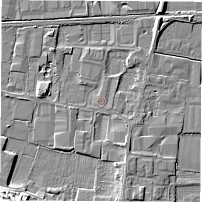 Shaded relief map of the ground around DE742PY, computed from Environment Agency LiDAR. The ground here sits at about 34 m above sea level and falls 22 m across the surrounding 800 m. Surface water reaching this point runs off ground lying to the south-south-east, 3.0 m higher.
