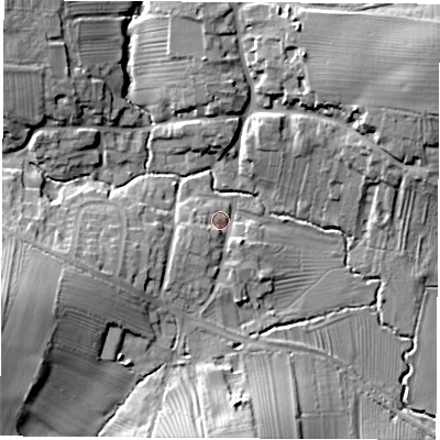 Shaded relief map of the ground around DE742QF, computed from Environment Agency LiDAR. The ground here sits at about 58 m above sea level and falls 24 m across the surrounding 800 m. Surface water reaching this point runs off ground lying to the west-south-west, 14.7 m higher.